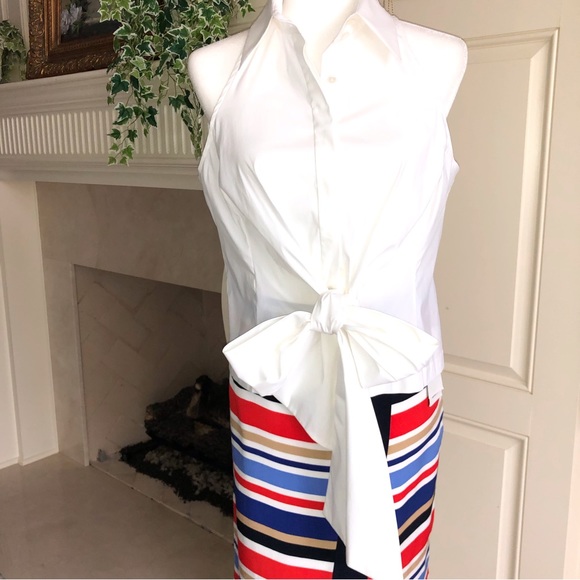 Worth Collection White Cotton Blend Sleeveless Button Bow Front Blouse Size 10 - Picture 2 of 12